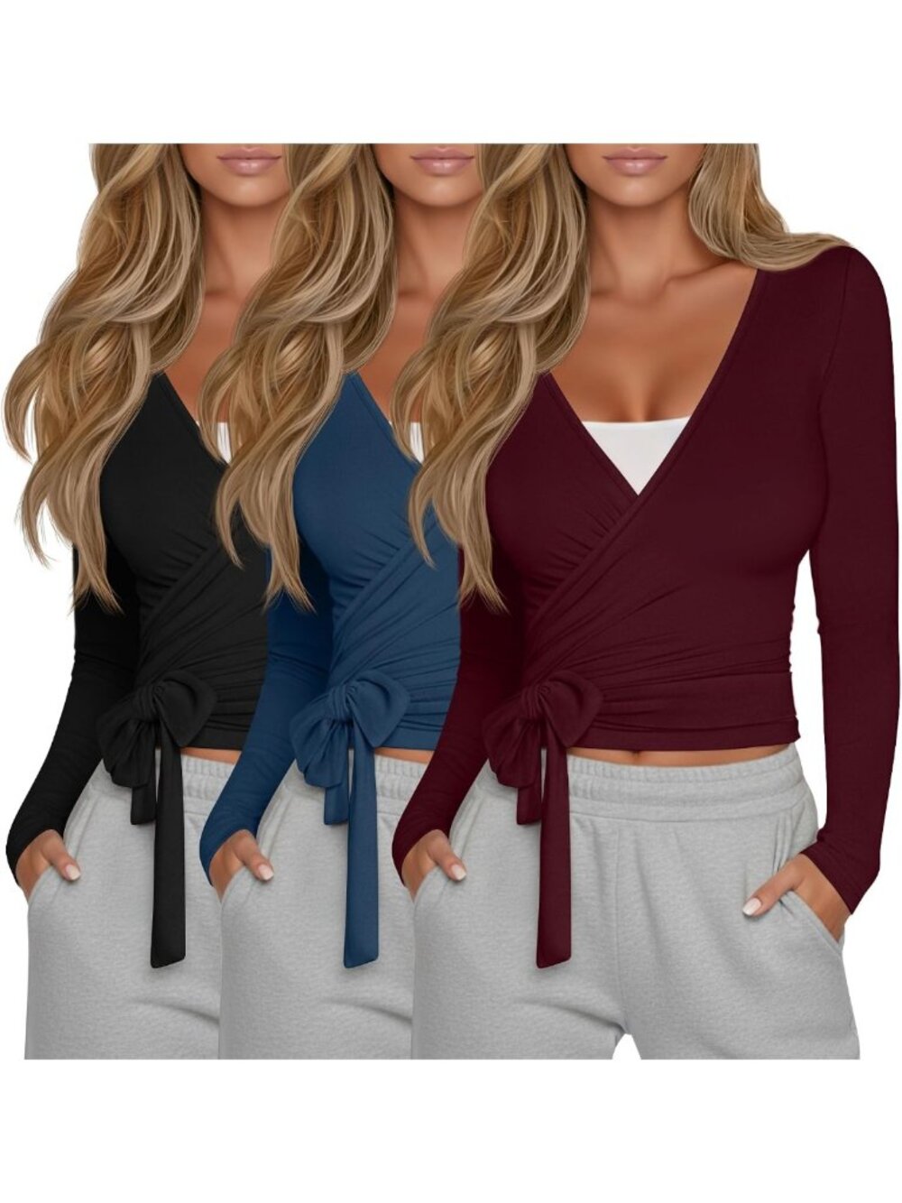 3 Pack Women's Pilates Wrap Tops | Ballet Tie Wrap Shirts | Activewear Set